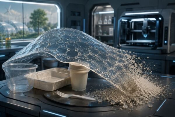 Bio-programmable polymer packaging breaking down on schedule in a futuristic lab, showing plastic materials with a built-in molecular expiry date