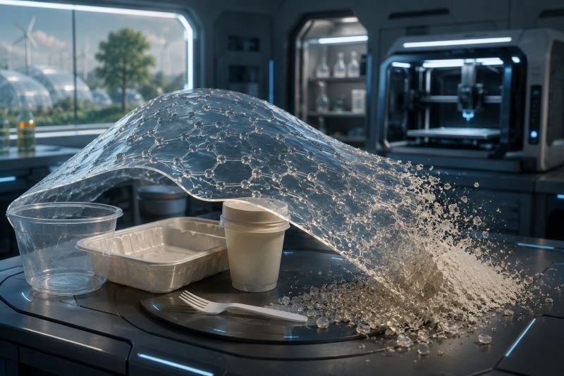 Bio-programmable polymer packaging breaking down on schedule in a futuristic lab, showing plastic materials with a built-in molecular expiry date