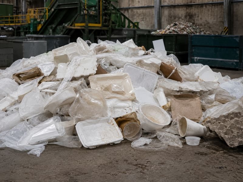 Pile of biodegradable plastic packaging in an industrial waste sorting facility showing the limits of compostable plastics outside controlled composting conditions