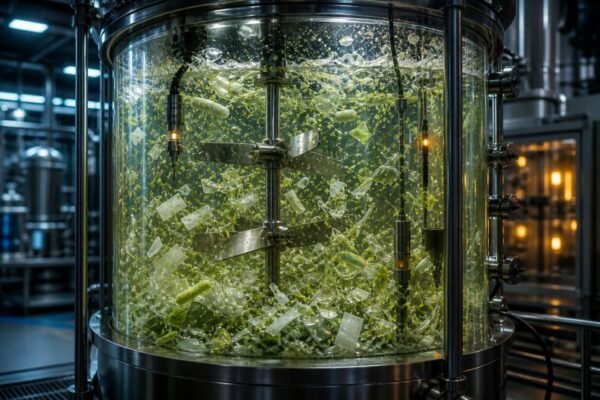 Bioengineered plastic-eating organisms processing shredded PET plastic inside a sealed industrial bioreactor for advanced recycling