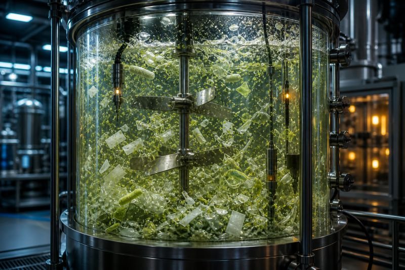 Bioengineered plastic-eating organisms processing shredded PET plastic inside a sealed industrial bioreactor for advanced recycling