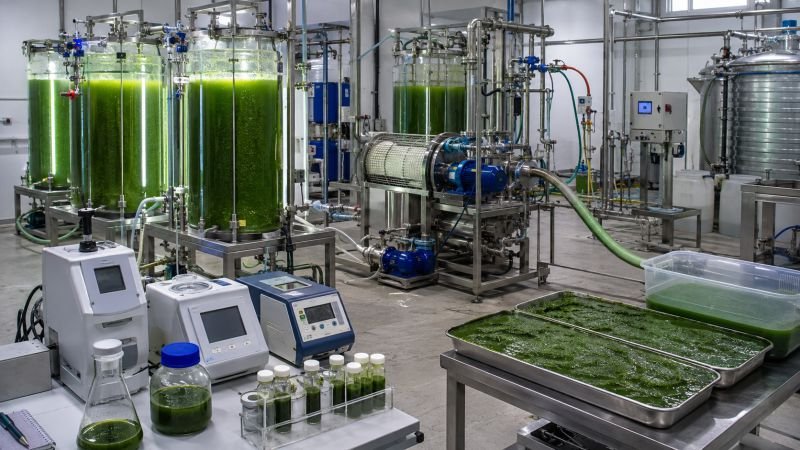 Algal cultivation tanks, sampling vessels, process monitoring instruments, and harvested biomass in an industrial bioprocess facility
