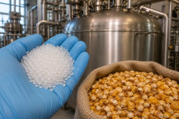 Clear PLA bioplastic pellets in a gloved hand beside dried corn kernels and an industrial fermentation tank for plant-based polymer production