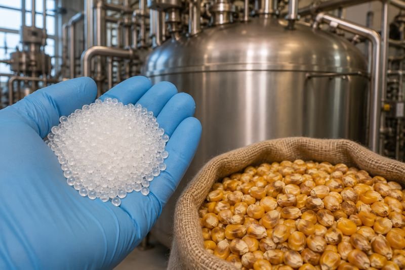 Clear PLA bioplastic pellets in a gloved hand beside dried corn kernels and an industrial fermentation tank for plant-based polymer production