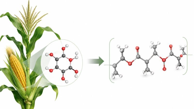 Corn plant connected to glucose molecule and PLA polymer chain showing how plant sugars become bioplastic materials