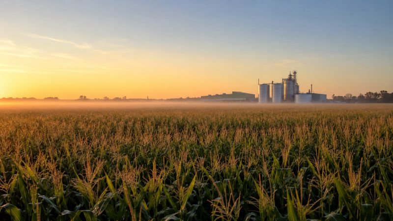 Vast cornfield with a distant biorefinery facility showing the land use and feedstock limits of large-scale bioplastics production