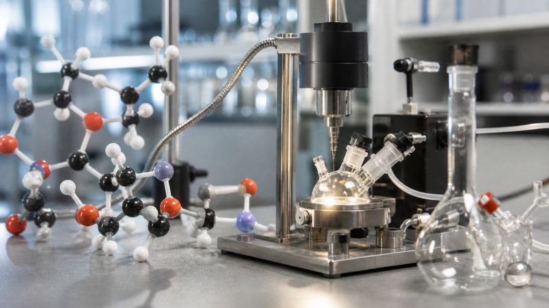 Chemistry laboratory setup with molecular model, reaction vessels, and precision energy delivery equipment for studying bond energy.