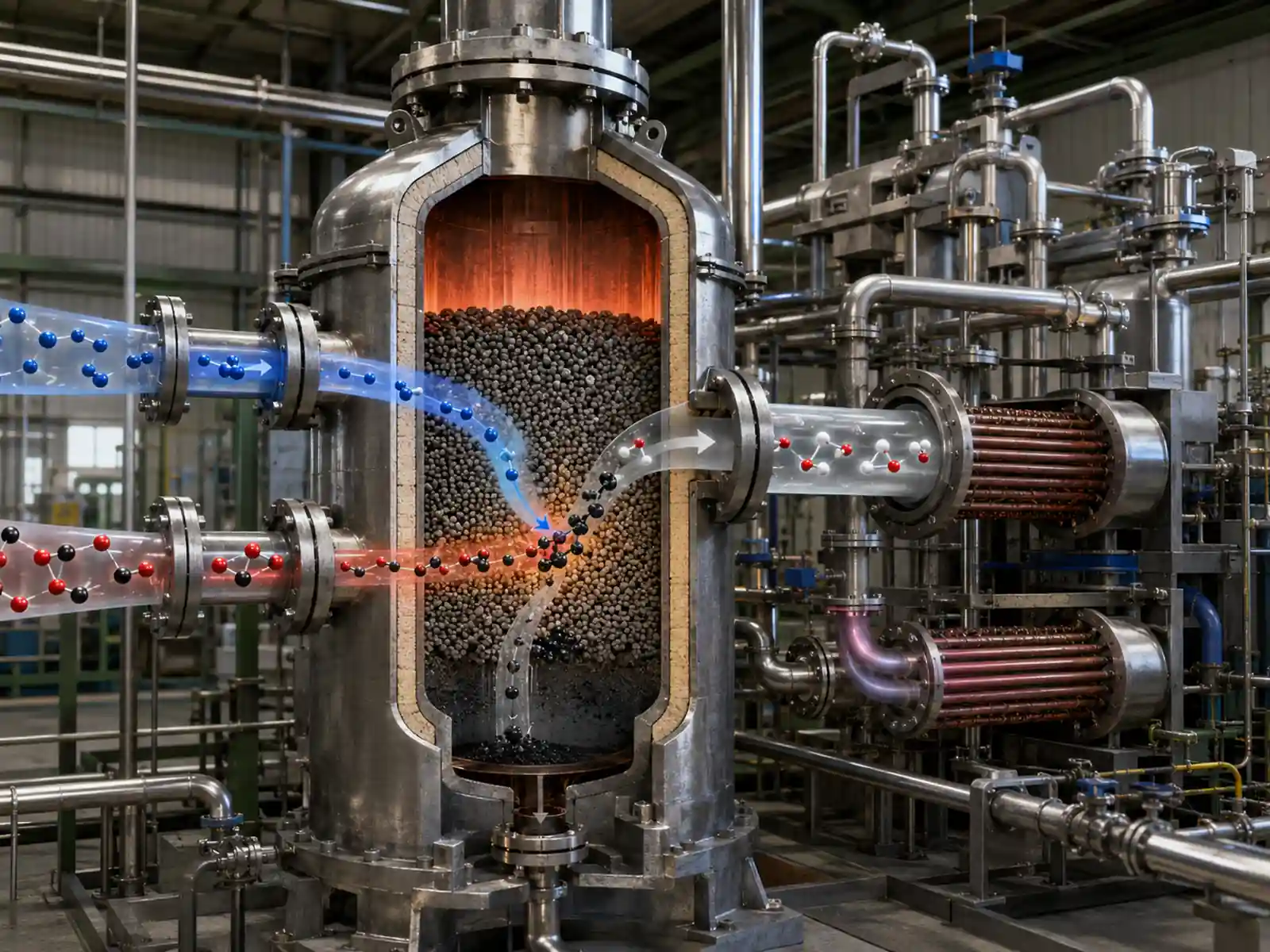 Bosch Reaction reactor cutaway showing hydrogen and carbon dioxide entering a heated catalyst bed, with solid carbon forming and water vapor leaving.