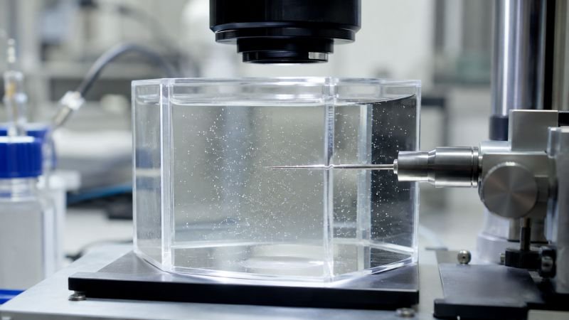 Brownian motion laboratory scene with tiny suspended particles drifting through clear water around a micro-scale probe under microscope observation