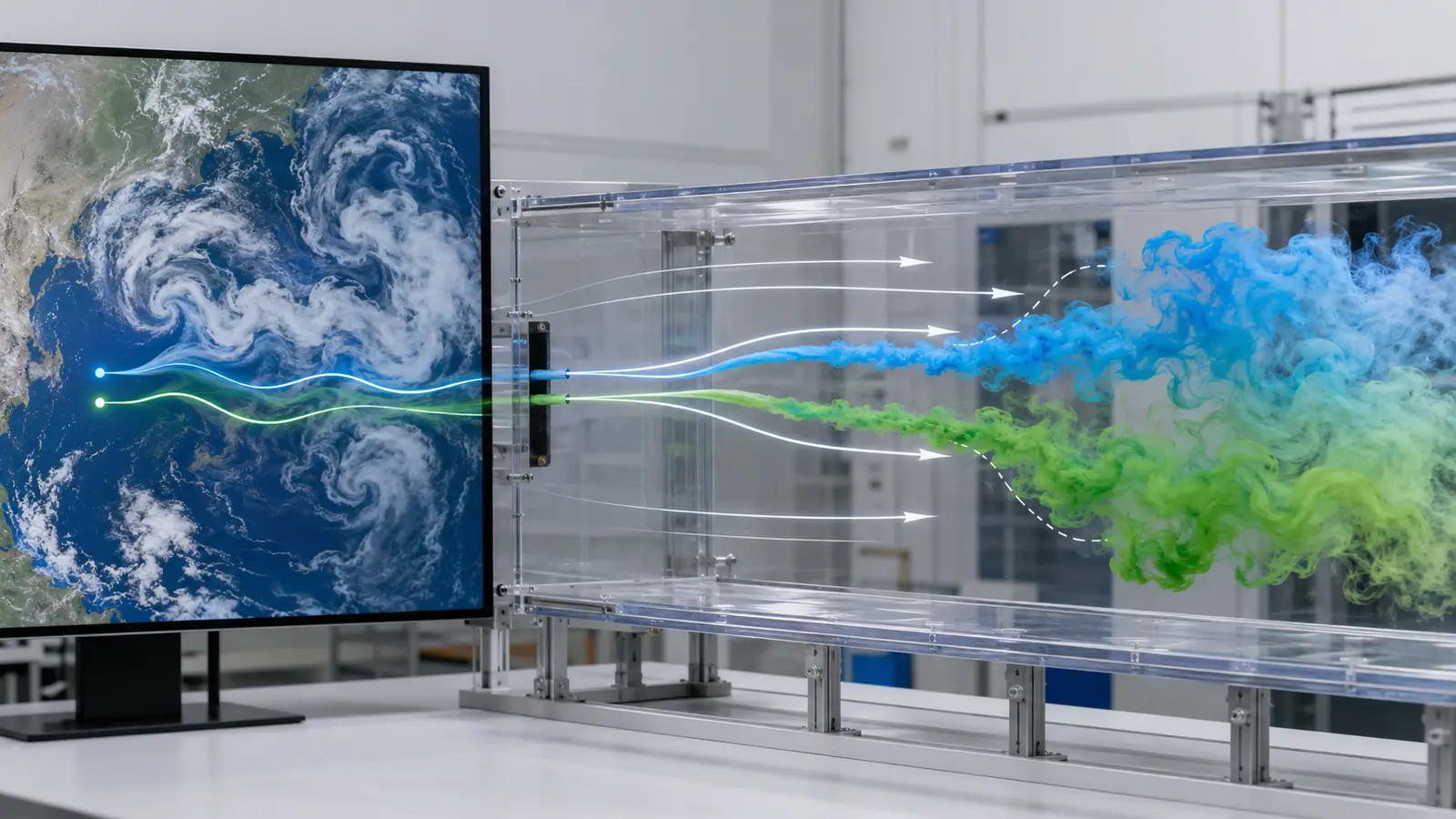 Butterfly effect shown in a wind tunnel with two similar smoke streams diverging into different turbulent flow patterns.