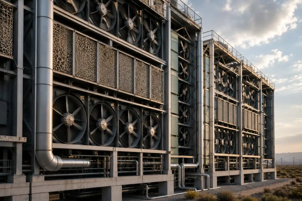 Carbon Sequestration Towers air contactor panels with large fans, sorbent surfaces, and industrial ducts moving atmospheric air for CO₂ capture.
