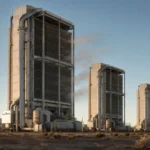 Carbon Sequestration Towers in an arid desert landscape with large air intake panels, industrial pipework, and direct air capture equipment.