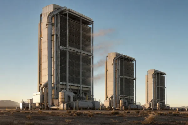 Carbon Sequestration Towers in an arid desert landscape with large air intake panels, industrial pipework, and direct air capture equipment.