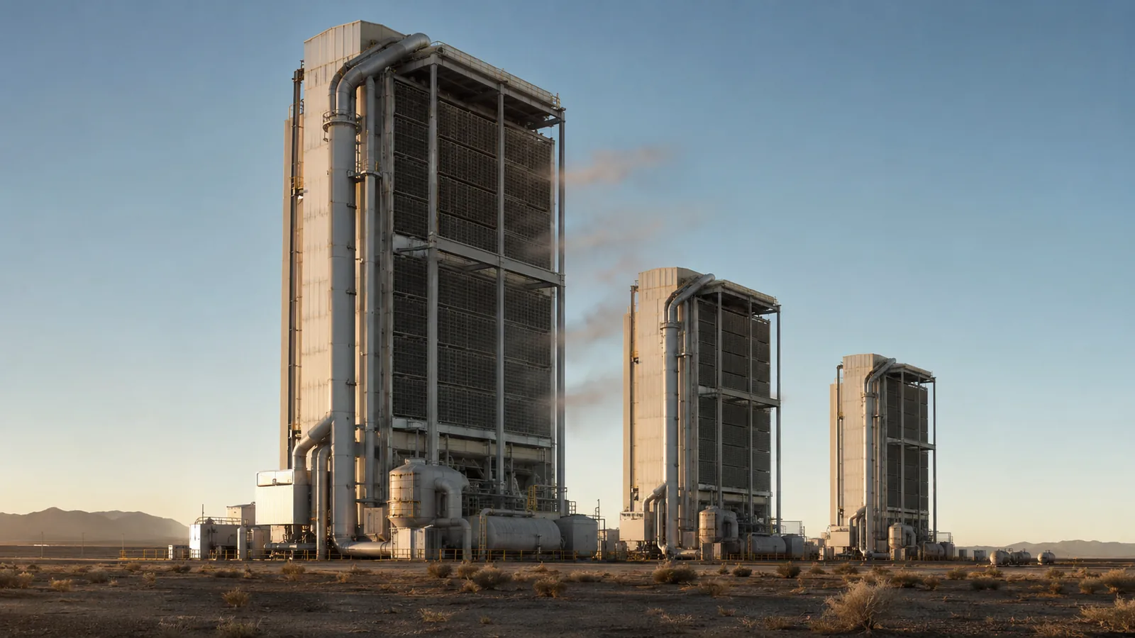 Carbon Sequestration Towers in an arid desert landscape with large air intake panels, industrial pipework, and direct air capture equipment.