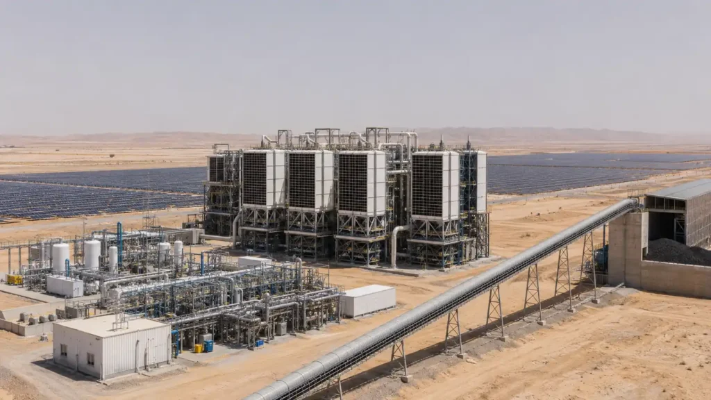 Carbon Sequestration Towers complex in an arid desert with solar fields, hydrogen processing units, and conveyor infrastructure for solid carbon output.