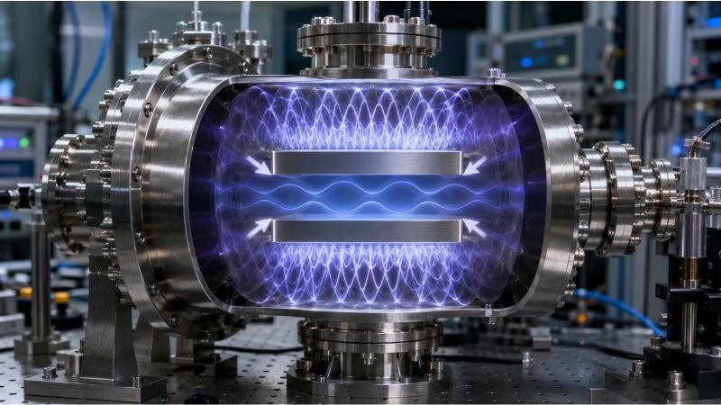 Casimir effect shown in a vacuum chamber with two closely spaced metal plates, fewer field modes between them, and attractive pressure drawing the plates inward
