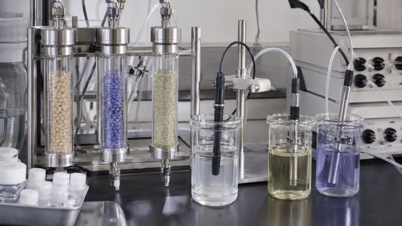 Chemistry laboratory setup with metal-ion sensing surfaces, capture materials, and aqueous solution vessels showing chelating ligands in coordination chemistry