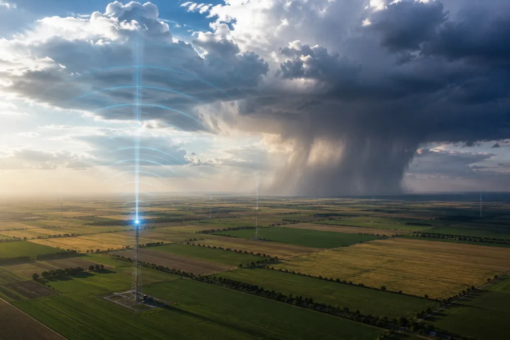 Quantum weather modifier mast over agricultural fields directing electromagnetic waves toward cloud base nucleation and rainfall formation.