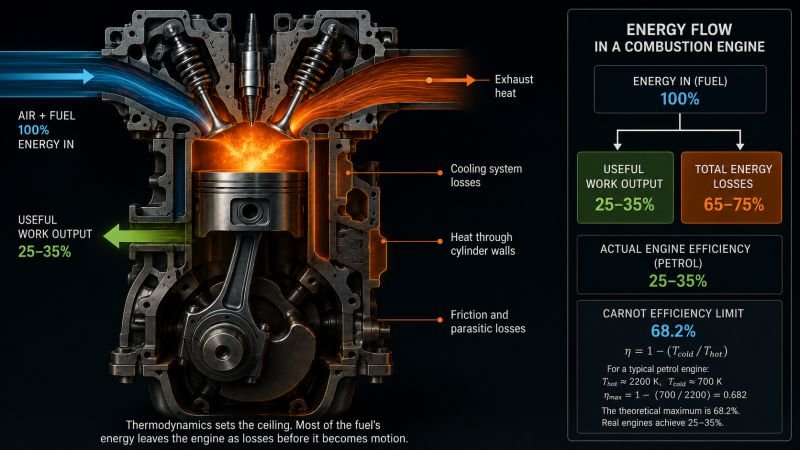 Combustion engine cross-section showing fuel energy input, useful work output, total energy losses, exhaust heat, cooling losses, and Carnot efficiency limit