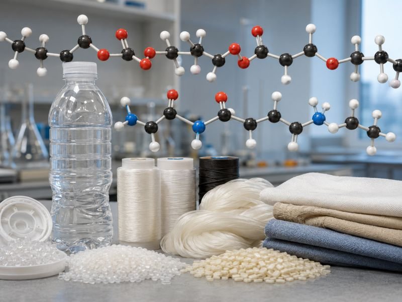 Condensation polymer chains shown with plastic bottles, fibers, fabric, and polymer pellets on a laboratory bench.