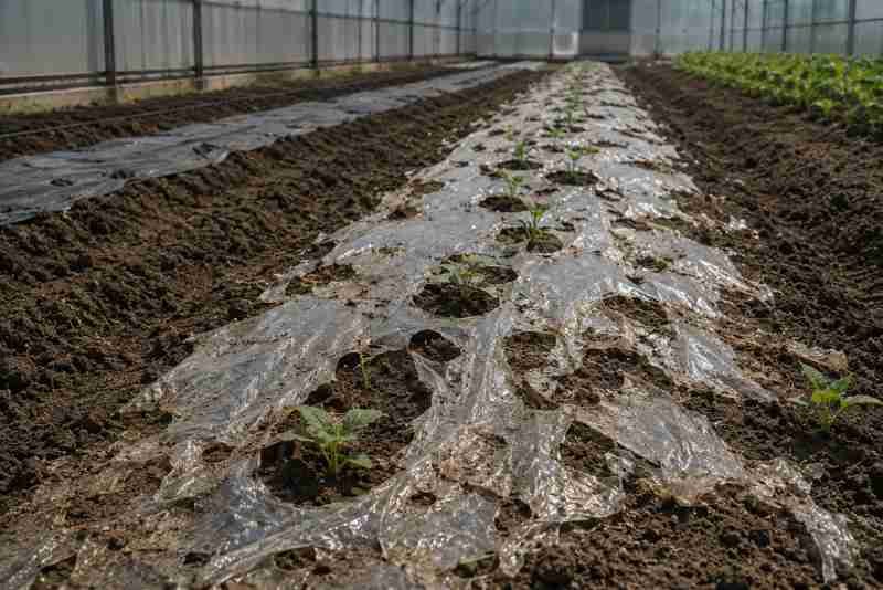 Bio-programmable polymer mulch film degrading in greenhouse soil under moisture and light conditions around young crop seedlings