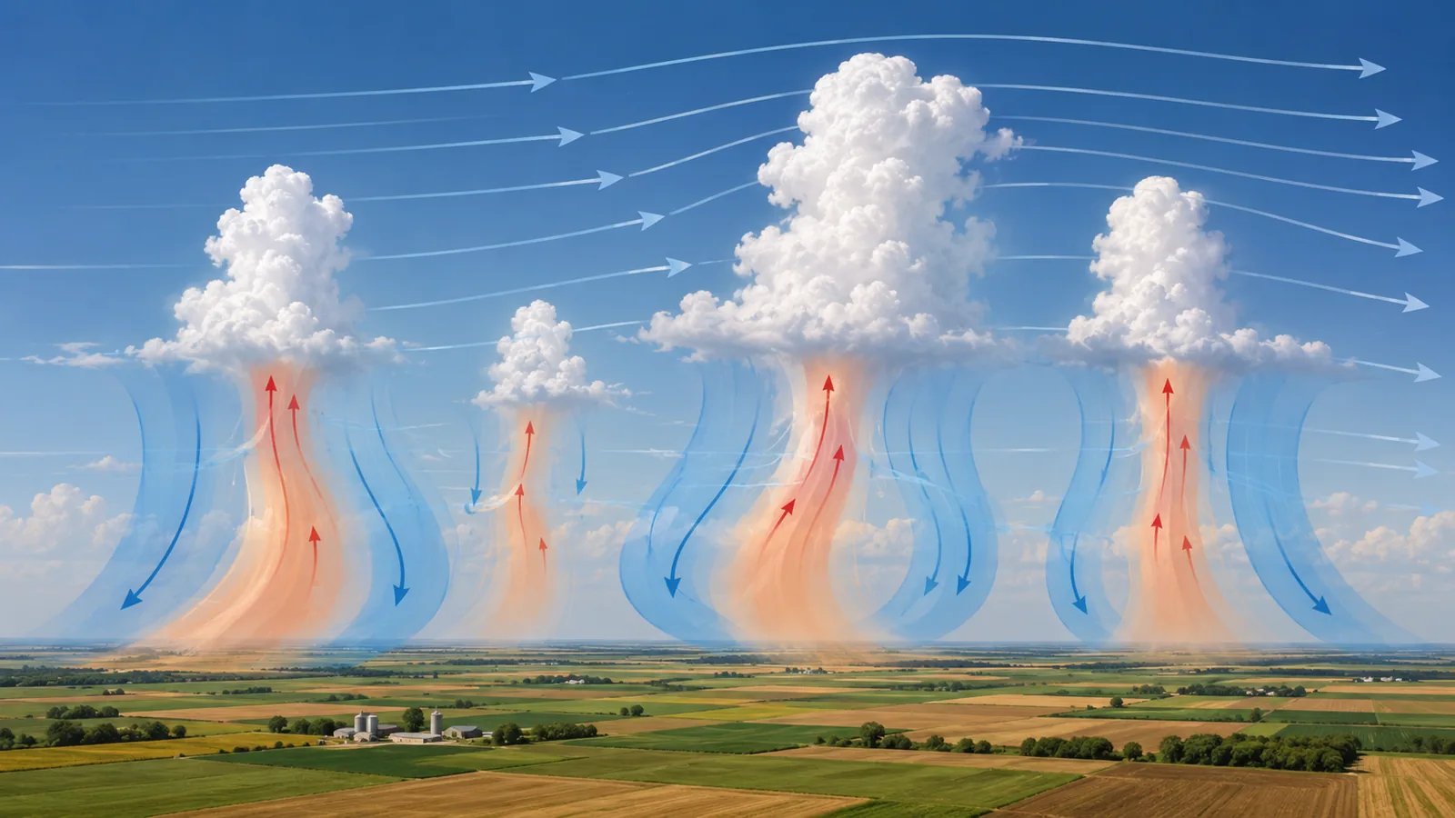 Convective instability over farmland showing warm moist air rising, cooler air sinking, wind shear, and growing cumulus cloud towers.