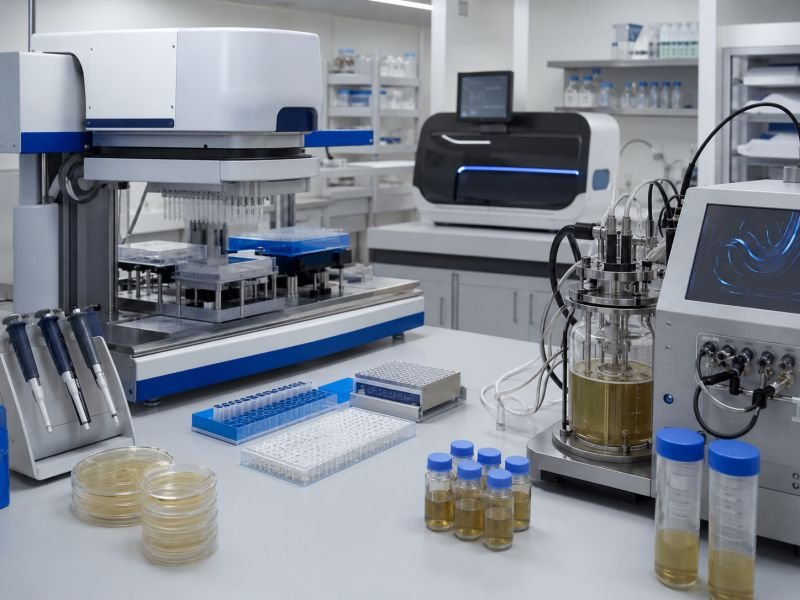 CRISPR-based pathway editing biotechnology lab with robotic pipetting equipment, culture plates, sequencing hardware, and microbial bioreactor controls