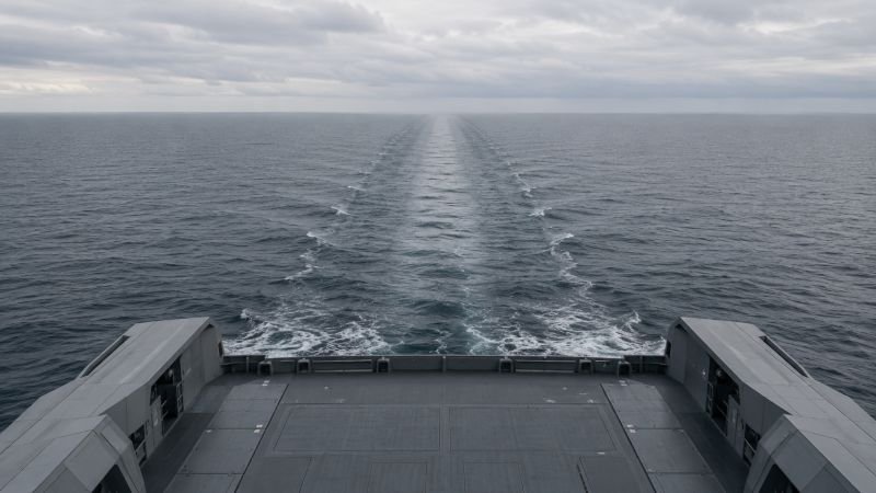 Futuristic cargo ship stern with a narrow clean wake showing dark matter propulsion without propeller turbulence or exhaust