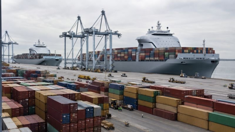 Container ships at a major international port illustrating maritime transport in a future dark matter propulsion system