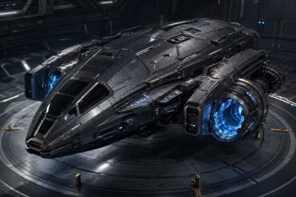 Dark matter propulsion system vehicle with visible blue drive rings inside a futuristic engineering hangar