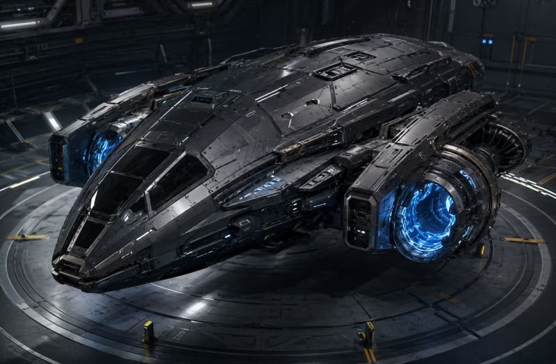 Dark matter propulsion system vehicle with visible blue drive rings inside a futuristic engineering hangar