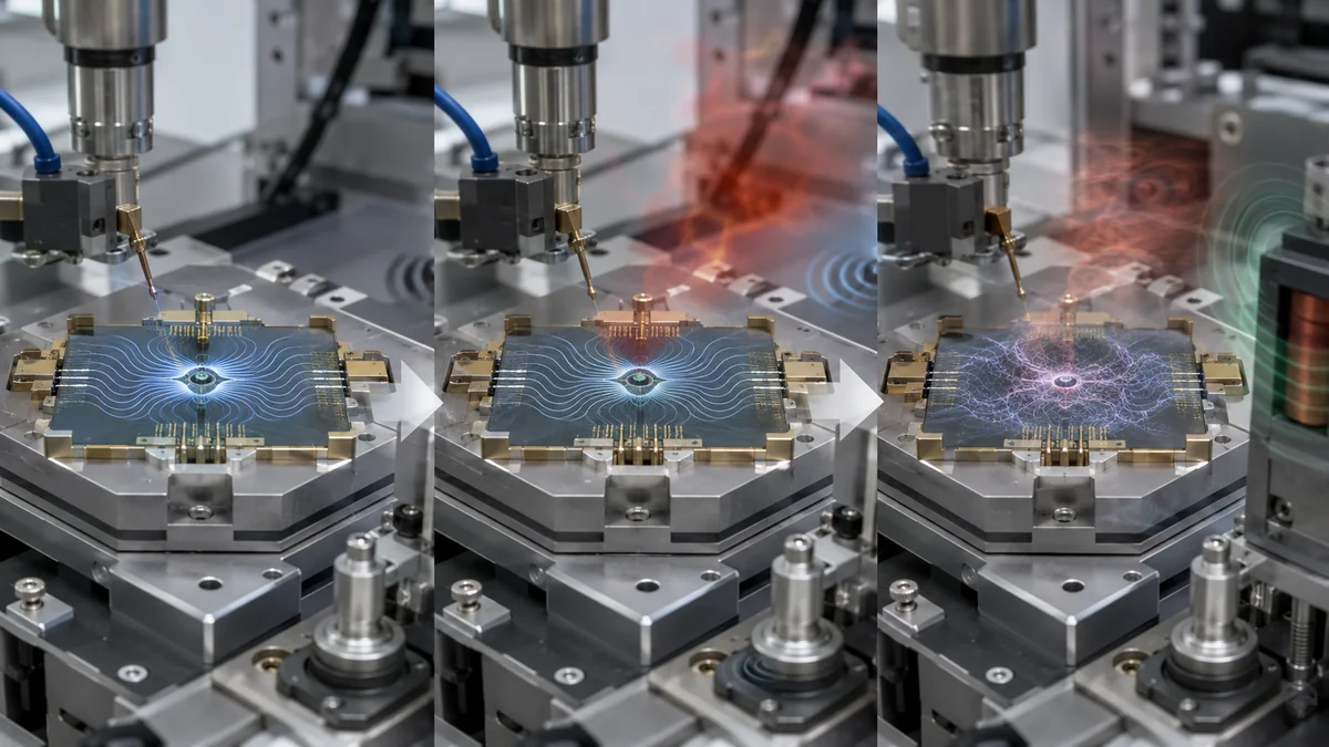 Quantum sensor chip in a clean measurement setup showing coherent wave paths disrupted by heat, vibration, and magnetic noise during decoherence.