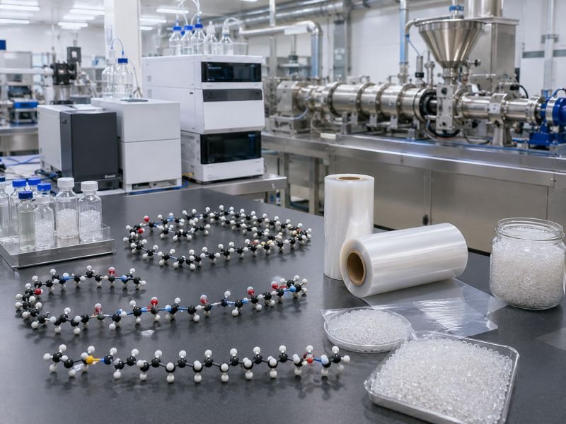 Polymer chain molecular models with extrusion pellets, film rolls, and lab instruments for degree of polymerization and molecular weight analysis