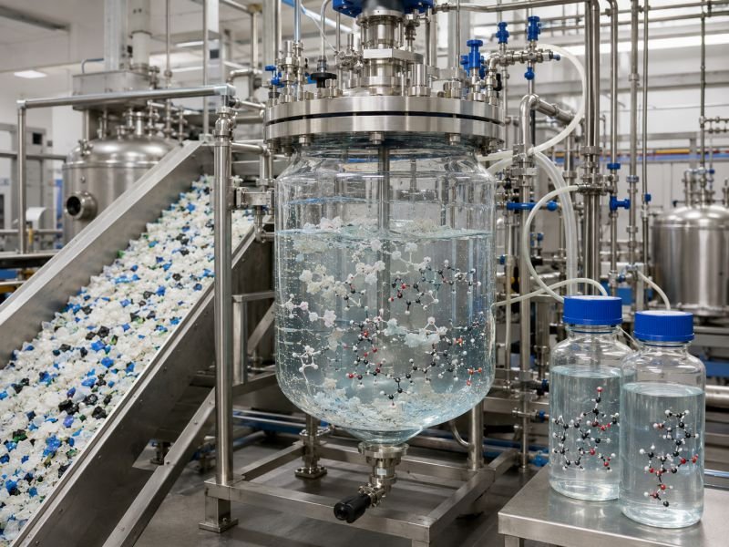 Industrial recycling reactor showing polymer material breaking into monomer feedstocks during depolymerization in a lab-plant environment.