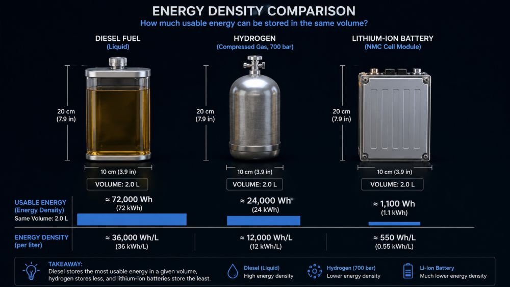 Diesel fuel, compressed hydrogen canister, and lithium-ion battery cell compared by usable energy density for sustainable transportation