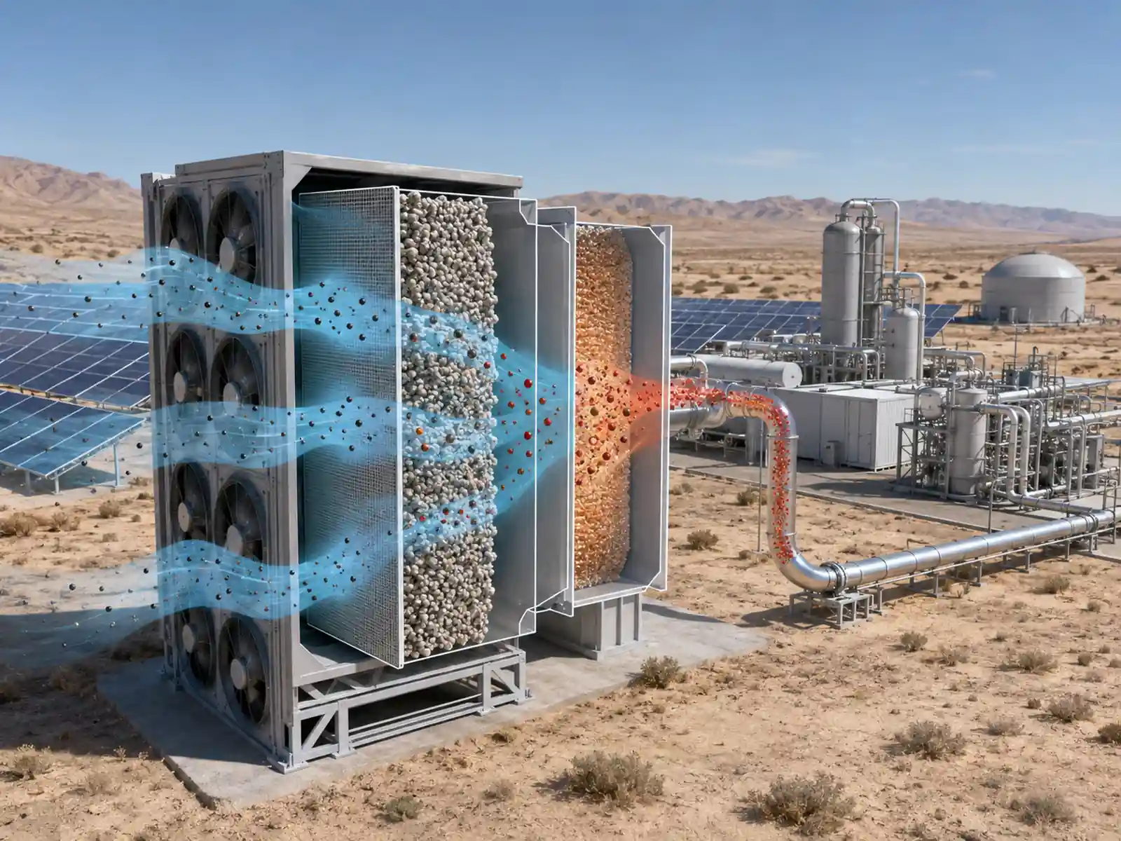 Direct Air Capture facility in a desert showing air contactor panels, sorbent beds, solar arrays, CO2 piping, and carbon removal equipment.
