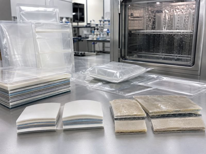 Sealed polymer packaging, layered barrier films, exposure chamber, and cross-section samples showing dormancy mechanisms in responsive materials