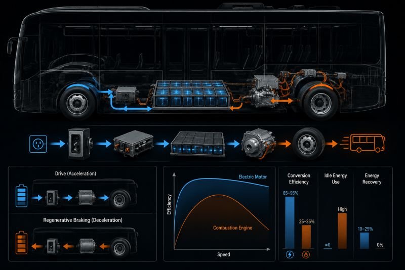 Electric bus drivetrain diagram showing battery pack, motor, wheel drive, and regenerative braking energy flow for sustainable transportation