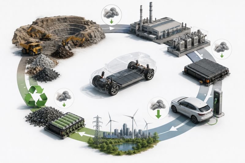 Electric vehicle life-cycle flow showing mining, battery manufacturing, road charging, renewable electricity, and battery recycling stages