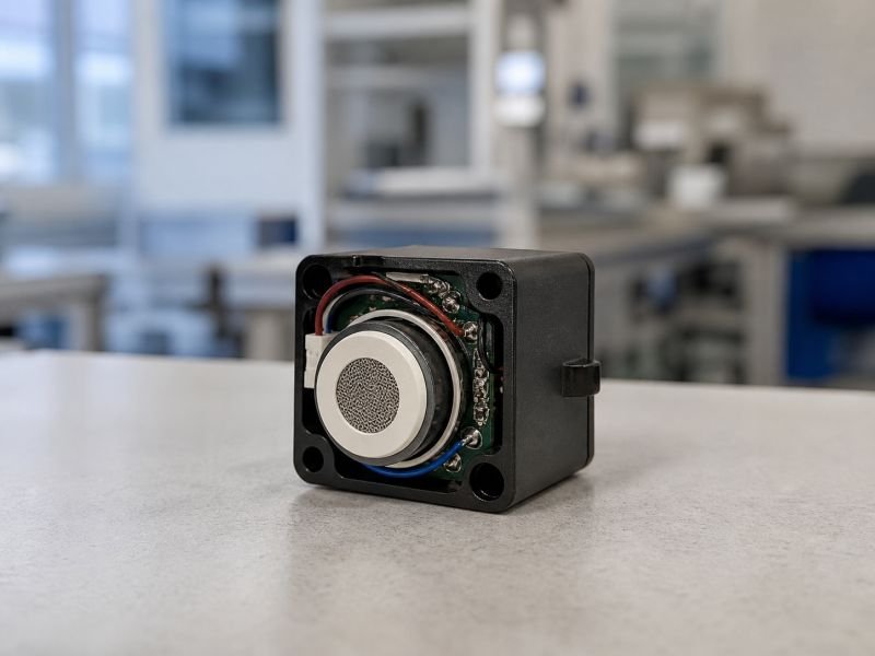 Compact electrochemical gas sensor module with circular diffusion inlet, fine wiring, and matte housing on a clean lab bench.