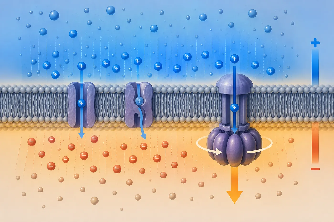 Electrochemical gradient across a biological membrane with uneven ion distribution, membrane channels, and rotary protein movement in bioenergetics.