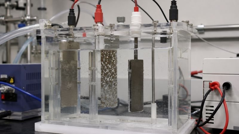 Electrochemical treatment cell with electrodes removing dissolved metal ions from clear water in a laboratory system