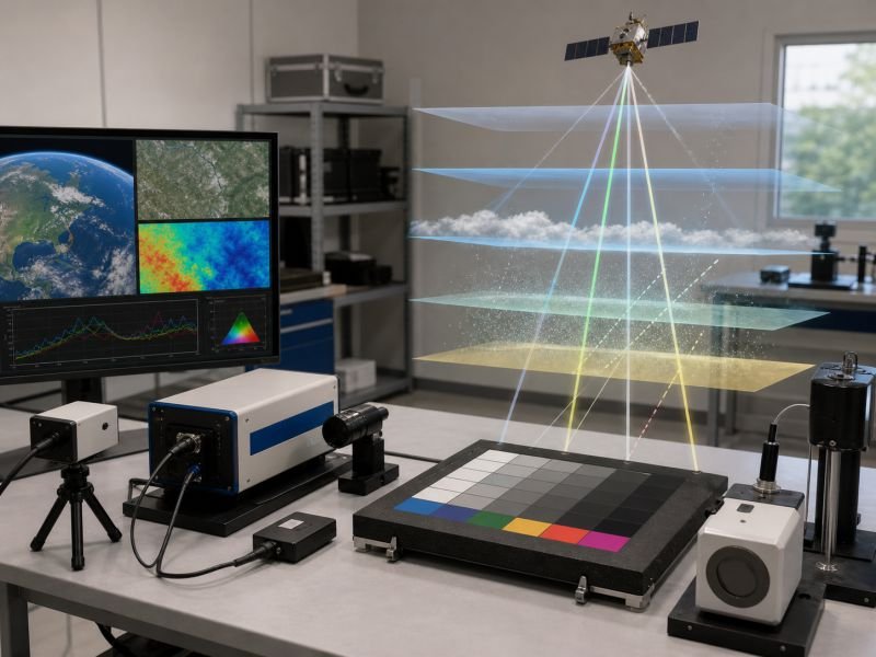 Prism and detector setup separating light into visible and non-visible bands for electromagnetic spectrum measurement in radiative physics.