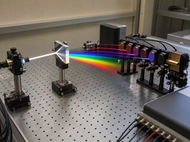 Prism and detector setup separating light into visible and non-visible bands for electromagnetic spectrum measurement in radiative physics.