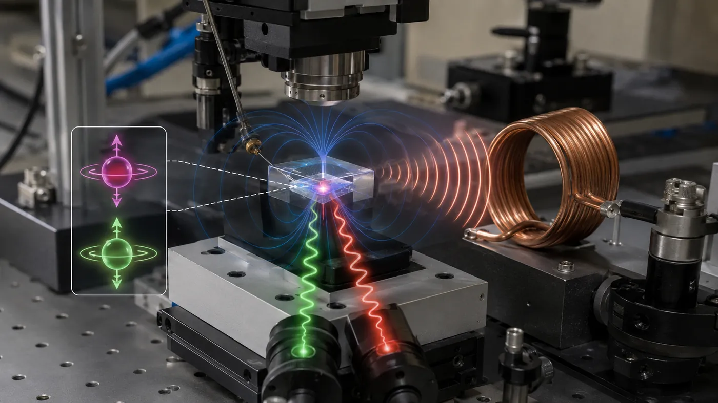Electron spin state shown in a diamond sensor setup with microwave coil, magnetic field lines, resonance pulses, and fluorescence response paths.