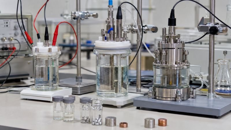 Electrochemical laboratory setup with solution cells, metal electrodes, probes, and catalytic hardware showing electron transfer in redox chemistry