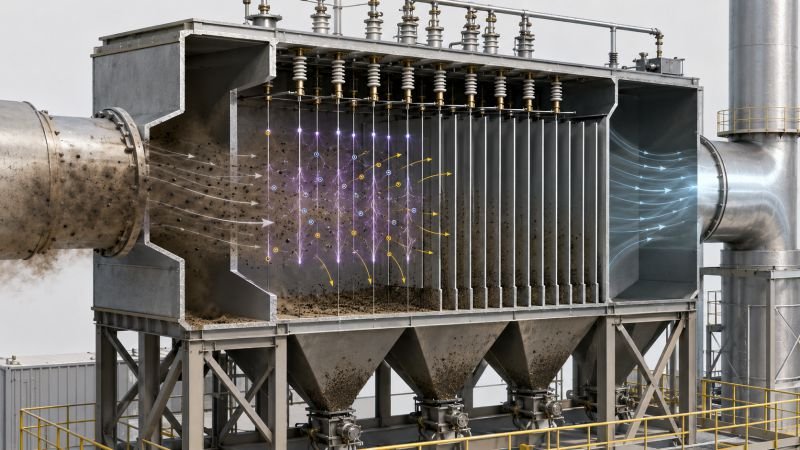 Electrostatic precipitator cutaway showing corona wires, collection plates, dust hoppers, and particle migration inside an industrial emissions control unit
