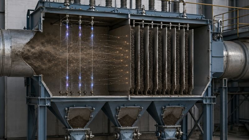 Electrostatic precipitator cutaway with corona wires, collection plates, particle paths, and dust hoppers for industrial air pollution control