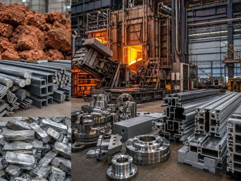 Industrial materials scene with bauxite, steel stock, recycled metal ingots, furnaces, and finished structural components showing embodied energy in manufacturing.