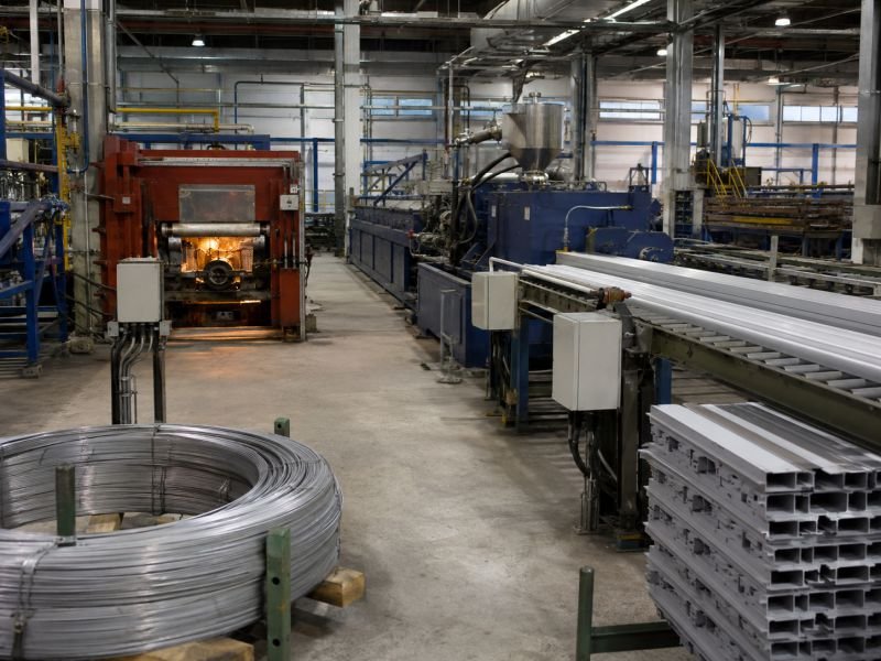 Manufacturing floor with induction furnace, extrusion line, raw metal stock, finished profiles, and energy metering equipment for materials processing.